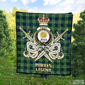 Purves Tartan Quilt with Clan Crest and the Golden Sword of Courageous Legacy Super King Quilt 91" x 110" - Tartan Vibes Clothing