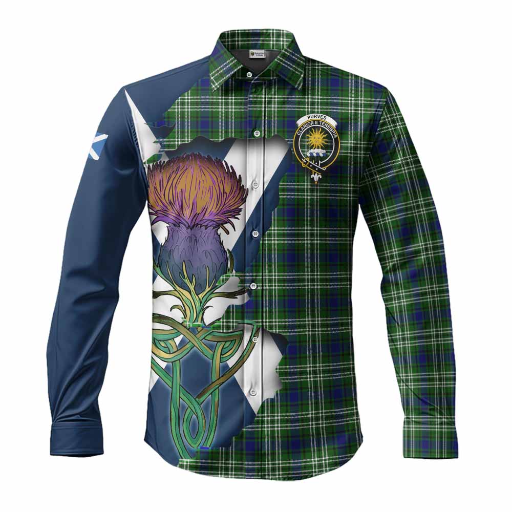 Purves Tartan Family Crest Long Sleeve Button Shirt Scottish Thistle Celtic Inspired Men's Shirt S - Tartan Vibes Clothing