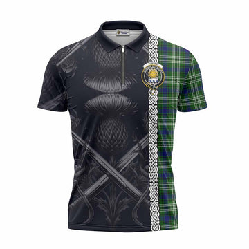 Purves Tartan Zipper Polo Shirt with Family Crest Cross Sword Thistle Celtic Vibes Unisex - Tartan Vibes Clothing