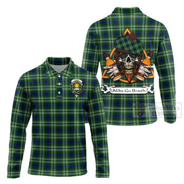Purves Tartan Long Sleeve Polo Shirt with Family Crest and Bearded Skull Holding Bottles of Whiskey Unisex - Tartan Vibes Clothing
