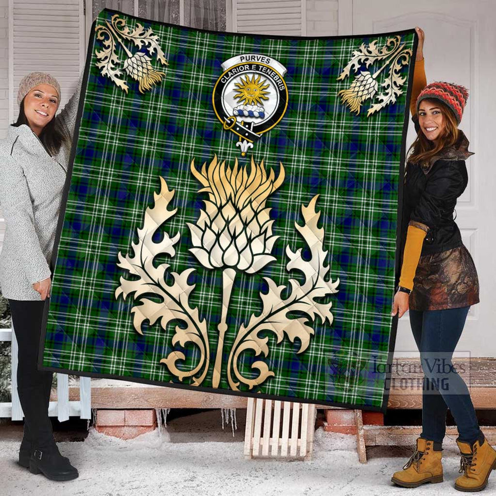 Tartan Vibes Clothing Purves Tartan Quilt with Family Crest and Golden Thistle Style