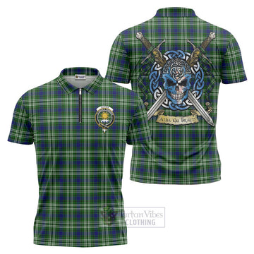 Purves Tartan Zipper Polo Shirt with Family Crest Celtic Skull Style Unisex - Tartan Vibes Clothing