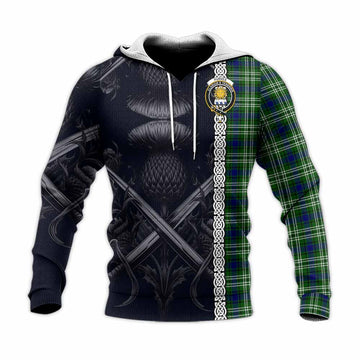 Purves Tartan Knitted Hoodie with Family Crest Cross Sword Thistle Celtic Vibes Unisex Knitted Pullover Hoodie - Tartan Vibes Clothing
