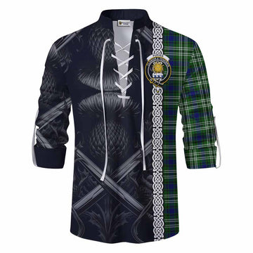 Purves Tartan Ghillie Kilt Shirt with Family Crest Cross Sword Thistle Celtic Vibes Men - Tartan Vibes Clothing