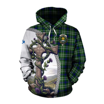 Purves Tartan Cotton Hoodie with Family Crest and St. Andrew's Cross Accented by Thistle Vines Pullover Hoodie XS - Tartan Vibes Clothing