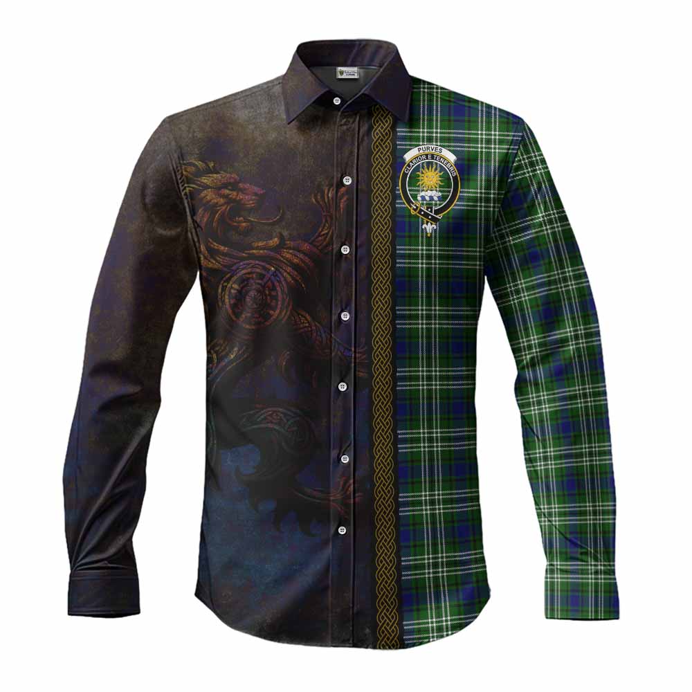 Purves Tartan Family Crest Long Sleeve Button Shirt Alba Gu Brath Be Brave Lion Ancient Style Men's Shirt S - Tartan Vibes Clothing