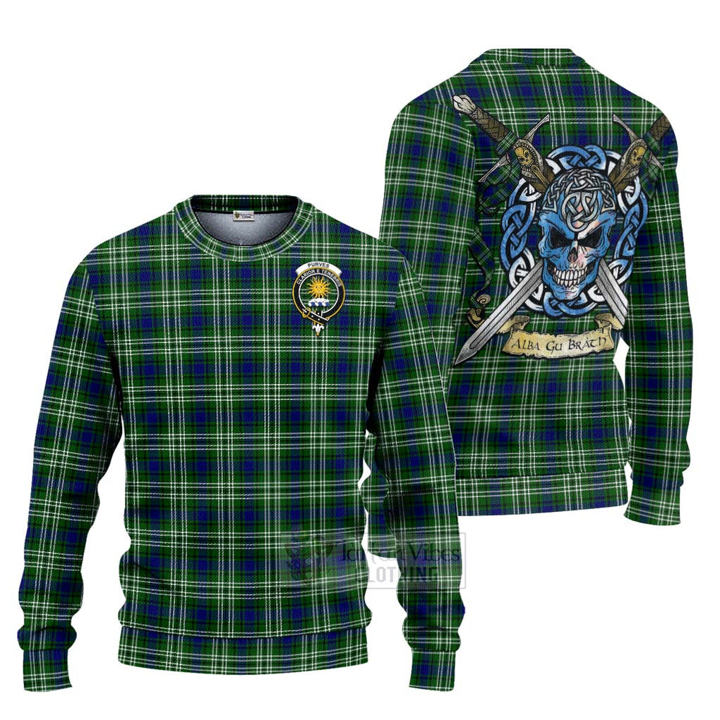 Purves Tartan Ugly Sweater with Family Crest Celtic Skull Style Unisex - Tartan Vibes Clothing