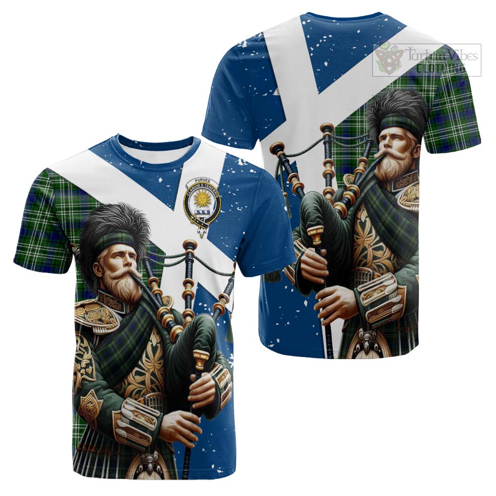 Tartan Vibes Clothing Purves Tartan Cotton T-shirt with Family Crest Scottish Bagpiper Vibes