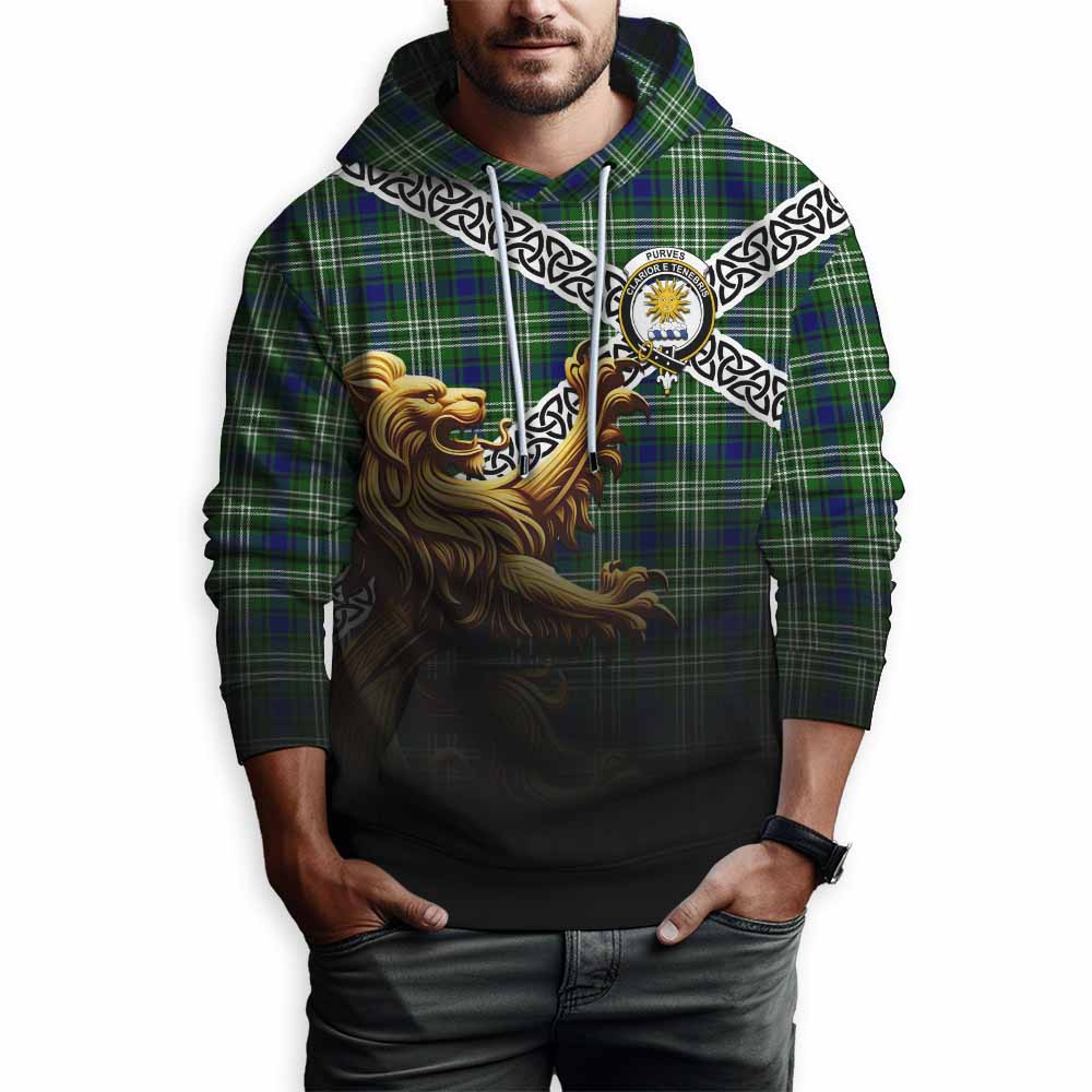 Purves Crest Tartan Hoodie with Golden Lion Emblem Celtic Style Pullover Hoodie - Tartan Vibes Clothing