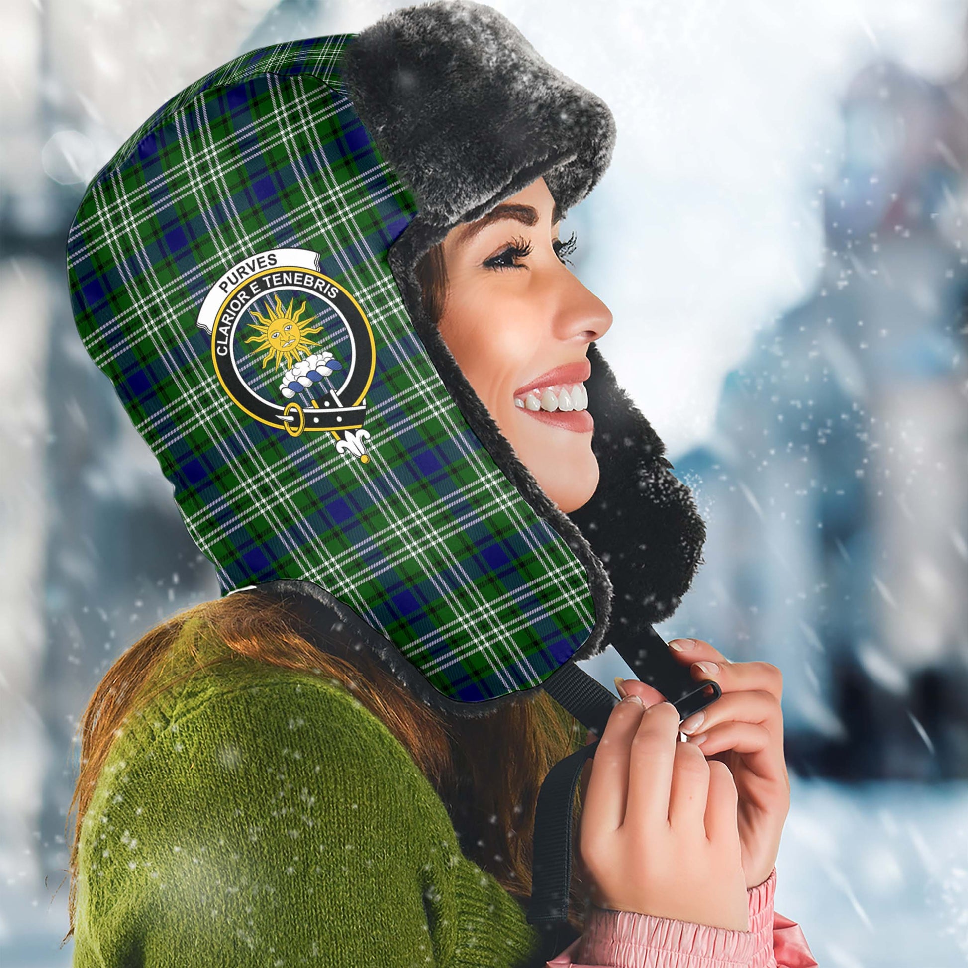 Purves Tartan Winter Trapper Hat with Family Crest Winter Trapper Hat Universal Fit Circumference 22.8in (58cm) - Tartan Vibes Clothing