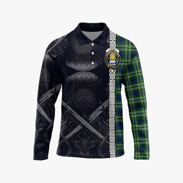 Purves Tartan Long Sleeve Polo Shirt with Family Crest Cross Sword Thistle Celtic Vibes Unisex - Tartan Vibes Clothing