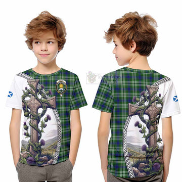 Purves Tartan Kid T-Shirt with Family Crest and St. Andrew's Cross Accented by Thistle Vines Youth XL Size14 - Tartan Vibes Clothing