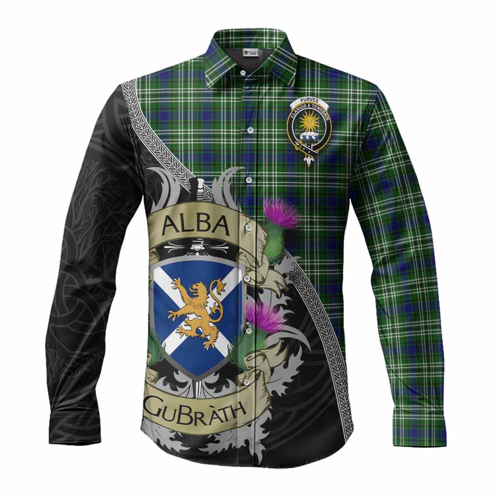 Purves Tartan Family Crest Long Sleeve Button Shirt Lion Rampant Royal Thistle Shield Celtic Inspired Men's Shirt S - Tartan Vibes Clothing