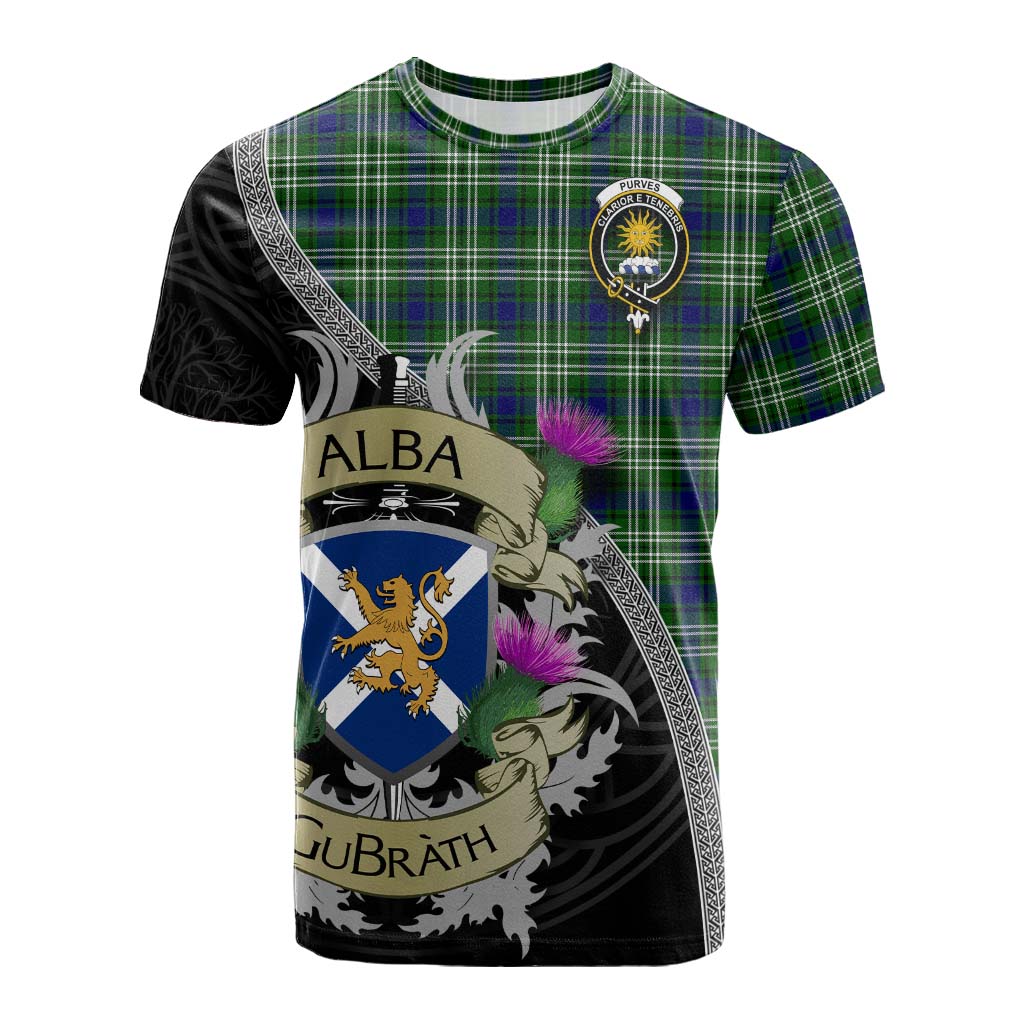 Tartan Vibes Clothing Purves Tartan Family Crest Cotton T-shirt Lion Rampant Royal Thistle Shield Celtic Inspired