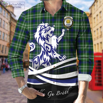 Purves Tartan Long Sleeve Button Up Shirt with Alba Gu Brath Regal Lion Emblem Men's Shirt - Tartan Vibes Clothing