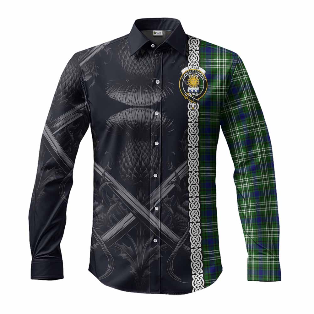 Tartan Vibes Clothing Purves Tartan Long Sleeve Button Shirt with Family Crest Cross Sword Thistle Celtic Vibes