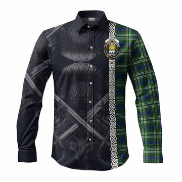 Tartan Vibes Clothing Purves Tartan Long Sleeve Button Shirt with Family Crest Cross Sword Thistle Celtic Vibes