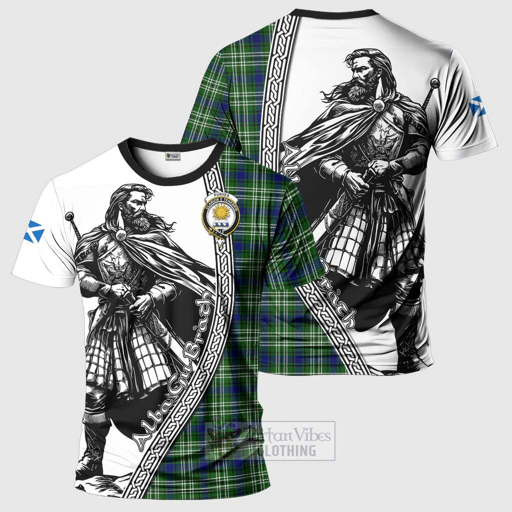 Tartan Vibes Clothing Purves Tartan Clan Crest T-Shirt with Highlander Warrior Celtic Style