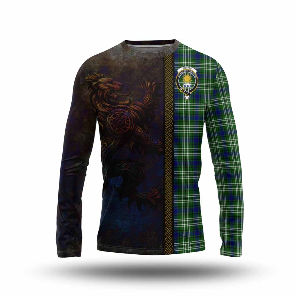 Tartan Vibes Clothing Purves Tartan Family Crest Long Sleeve T-Shirt Alba Gu Brath Be Brave Lion Ancient Style