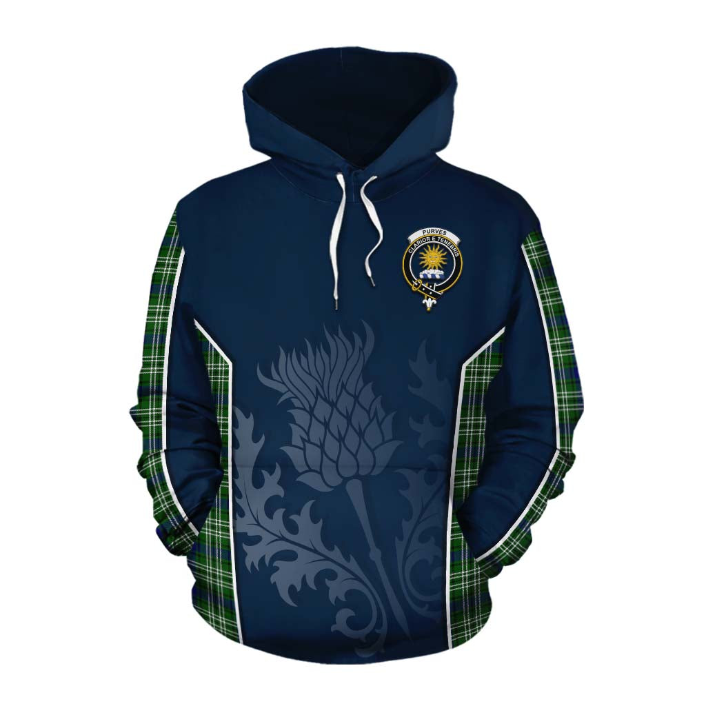 Tartan Vibes Clothing Purves Tartan Cotton Hoodie with Family Crest and Scottish Thistle Vibes Sport Style