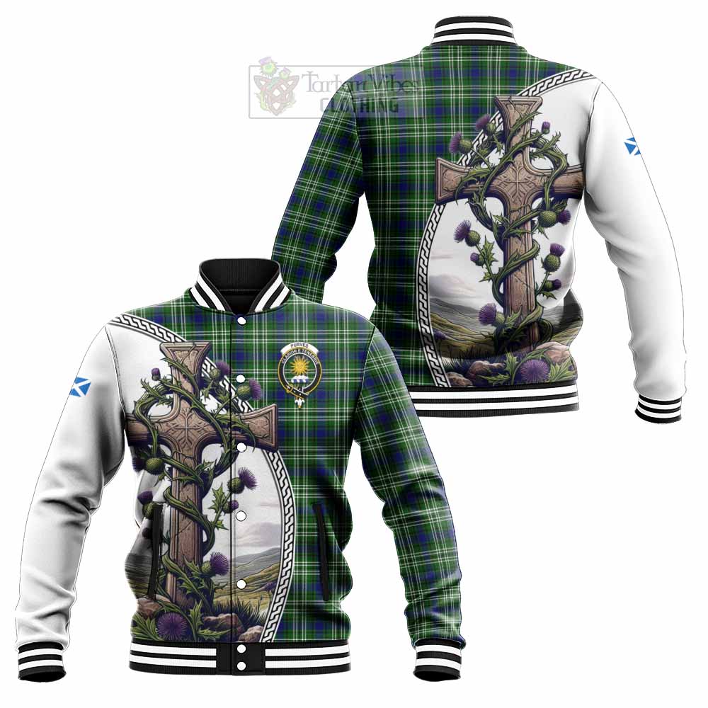 Purves Tartan Baseball Jacket with Family Crest and St. Andrew's Cross Accented by Thistle Vines Unisex - Tartan Vibes Clothing