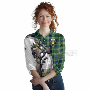 Purves Tartan Women's Casual Shirt with Family Crest and St. Andrew's Cross Accented by Thistle Vines Female - Tartan Vibes Clothing