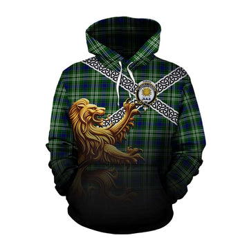 Tartan Vibes Clothing Purves Crest Tartan Cotton Hoodie with Golden Lion Emblem Celtic Style