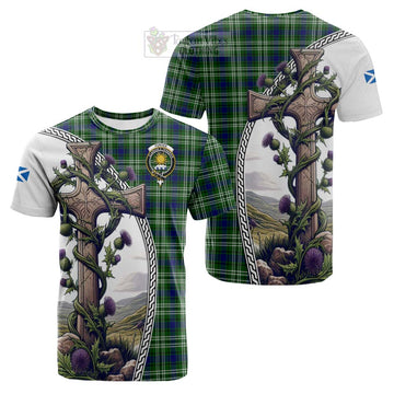 Purves Tartan Cotton T-shirt with Family Crest and St. Andrew's Cross Accented by Thistle Vines