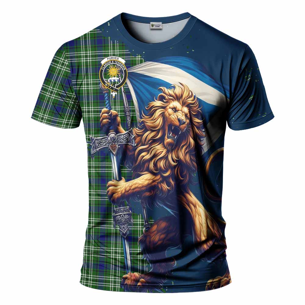 Tartan Vibes Clothing Purves Tartan Family Crest T-Shirt with Scottish Majestic Lion