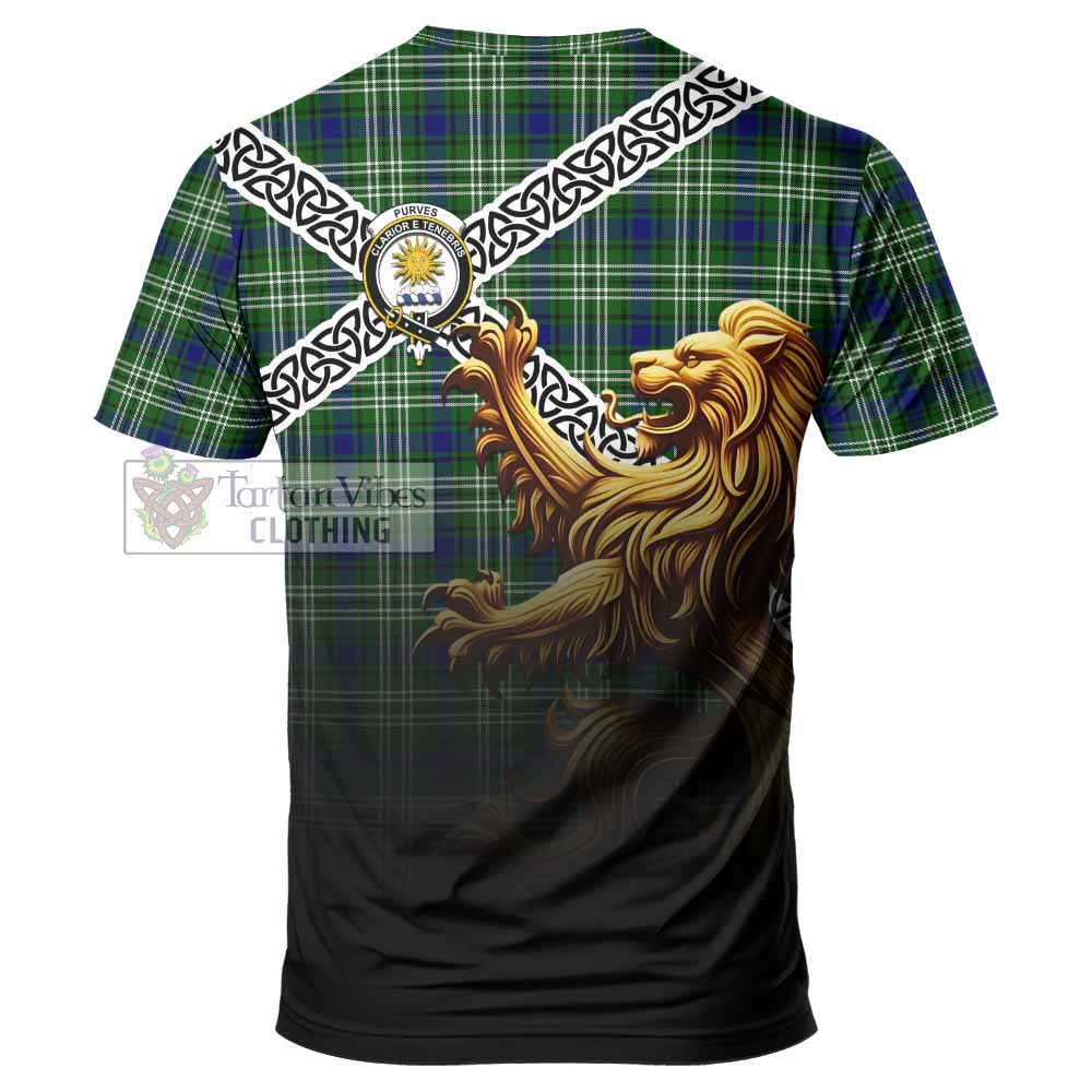 Tartan Vibes Clothing Purves Crest Tartan T-Shirt with Golden Lion Emblem Celtic Style