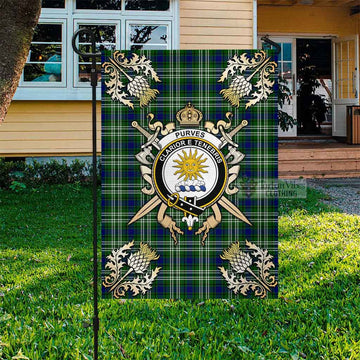 Purves Tartan Garden Flag with Family Crest and Golden Thistle Crossed Sword Design