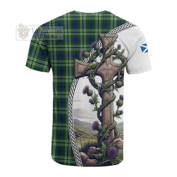 Purves Tartan Cotton T-shirt with Family Crest and St. Andrew's Cross Accented by Thistle Vines