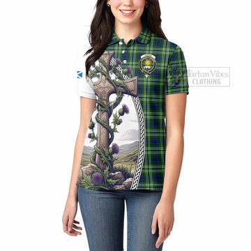 Purves Tartan Women's Polo Shirt with Family Crest and St. Andrew's Cross Accented by Thistle Vines - Tartan Vibes Clothing