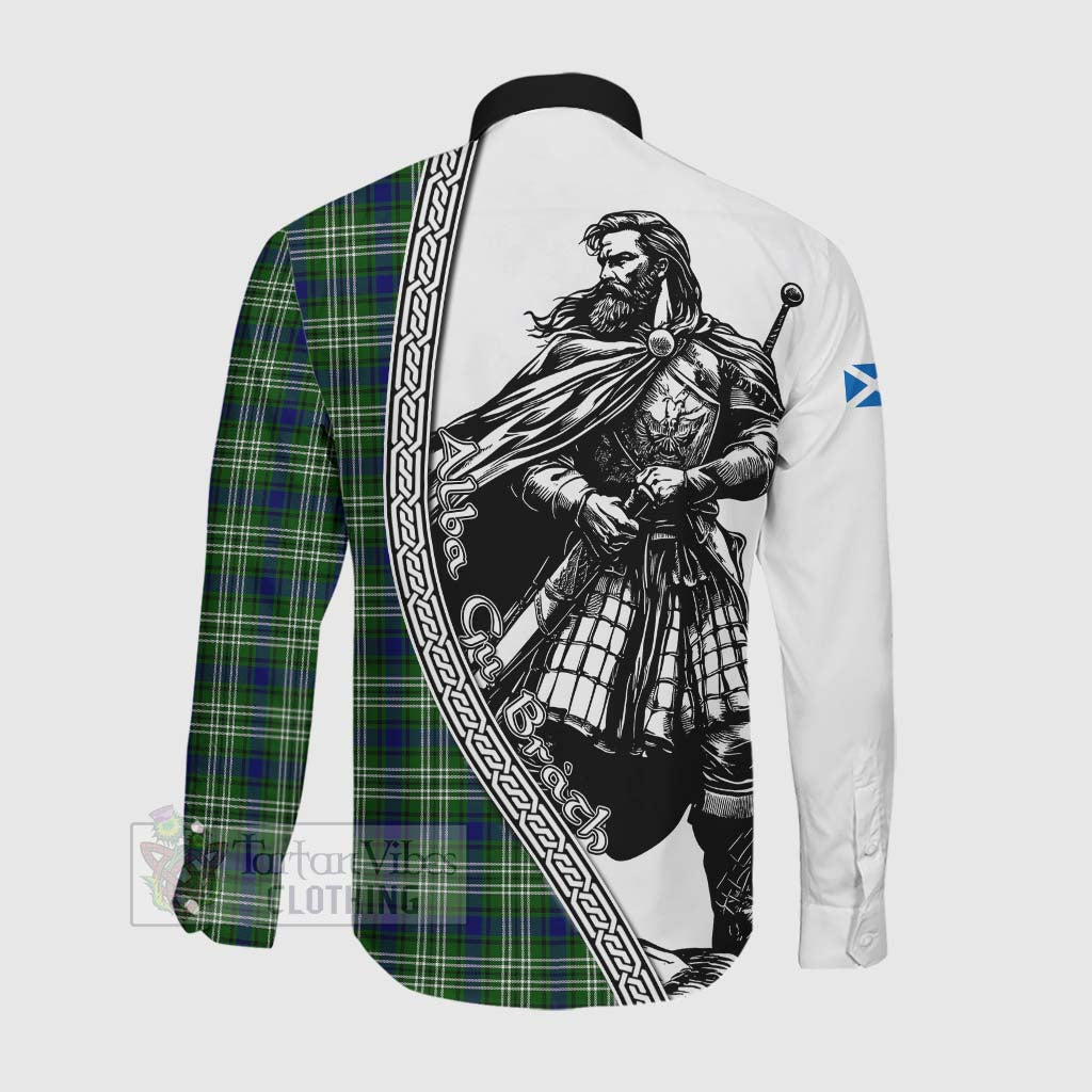 Purves Tartan Clan Crest Long Sleeve Button Shirt with Highlander Warrior Celtic Style Men's Shirt - Tartan Vibes Clothing