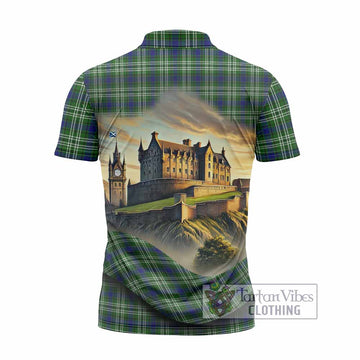 Purves Tartan Family Crest Zipper Polo Shirt with Scottish Ancient Castle Style - Tartan Vibes Clothing