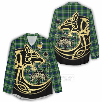Purves Tartan Women's Casual Shirt with Family Crest Celtic Wolf Style - Tartan Vibes Clothing