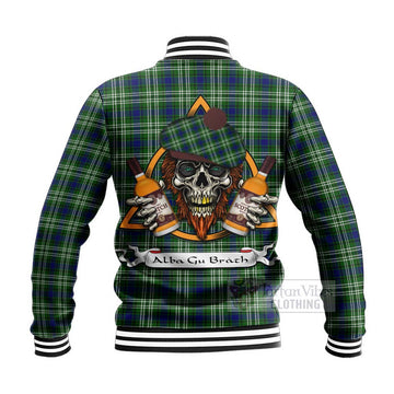 Purves Tartan Baseball Jacket with Family Crest and Bearded Skull Holding Bottles of Whiskey - Tartan Vibes Clothing