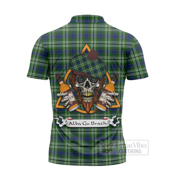 Purves Tartan Zipper Polo Shirt with Family Crest and Bearded Skull Holding Bottles of Whiskey - Tartan Vibes Clothing