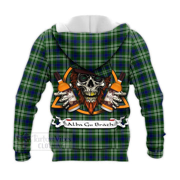 Purves Tartan Knitted Hoodie with Family Crest and Bearded Skull Holding Bottles of Whiskey - Tartan Vibes Clothing