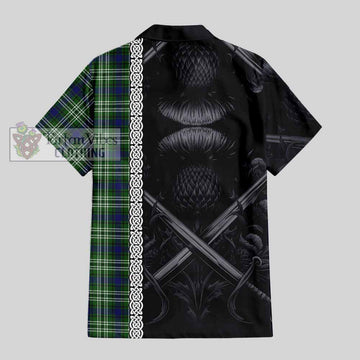 Purves Tartan Hawaiian Shirt with Family Crest Cross Sword Thistle Celtic Vibes - Tartan Vibes Clothing