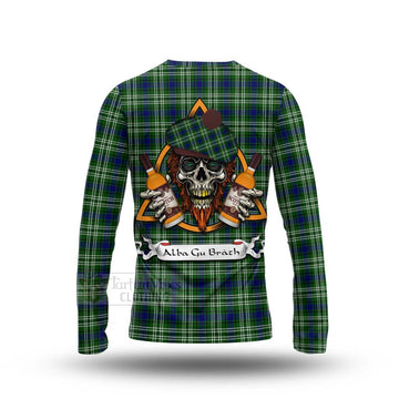 Purves Tartan Long Sleeve T-Shirt with Family Crest and Bearded Skull Holding Bottles of Whiskey - Tartan Vibes Clothing