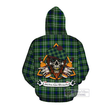 Purves Tartan Cotton Hoodie with Family Crest and Bearded Skull Holding Bottles of Whiskey Pullover Hoodie - Tartan Vibes Clothing