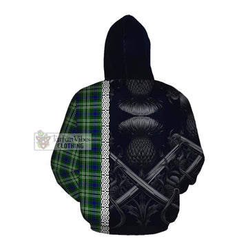 Purves Tartan Cotton Hoodie with Family Crest Cross Sword Thistle Celtic Vibes Pullover Hoodie - Tartan Vibes Clothing