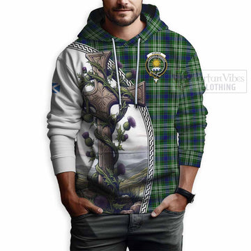 Purves Tartan Hoodie with Family Crest and St. Andrew's Cross Accented by Thistle Vines - Tartan Vibes Clothing