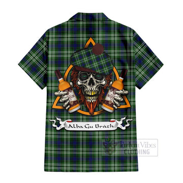 Purves Tartan Hawaiian Shirt with Family Crest and Bearded Skull Holding Bottles of Whiskey - Tartan Vibes Clothing