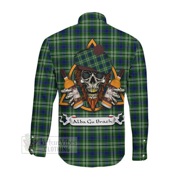 Purves Tartan Long Sleeve Button Shirt with Family Crest and Bearded Skull Holding Bottles of Whiskey Men's Shirt - Tartan Vibes Clothing