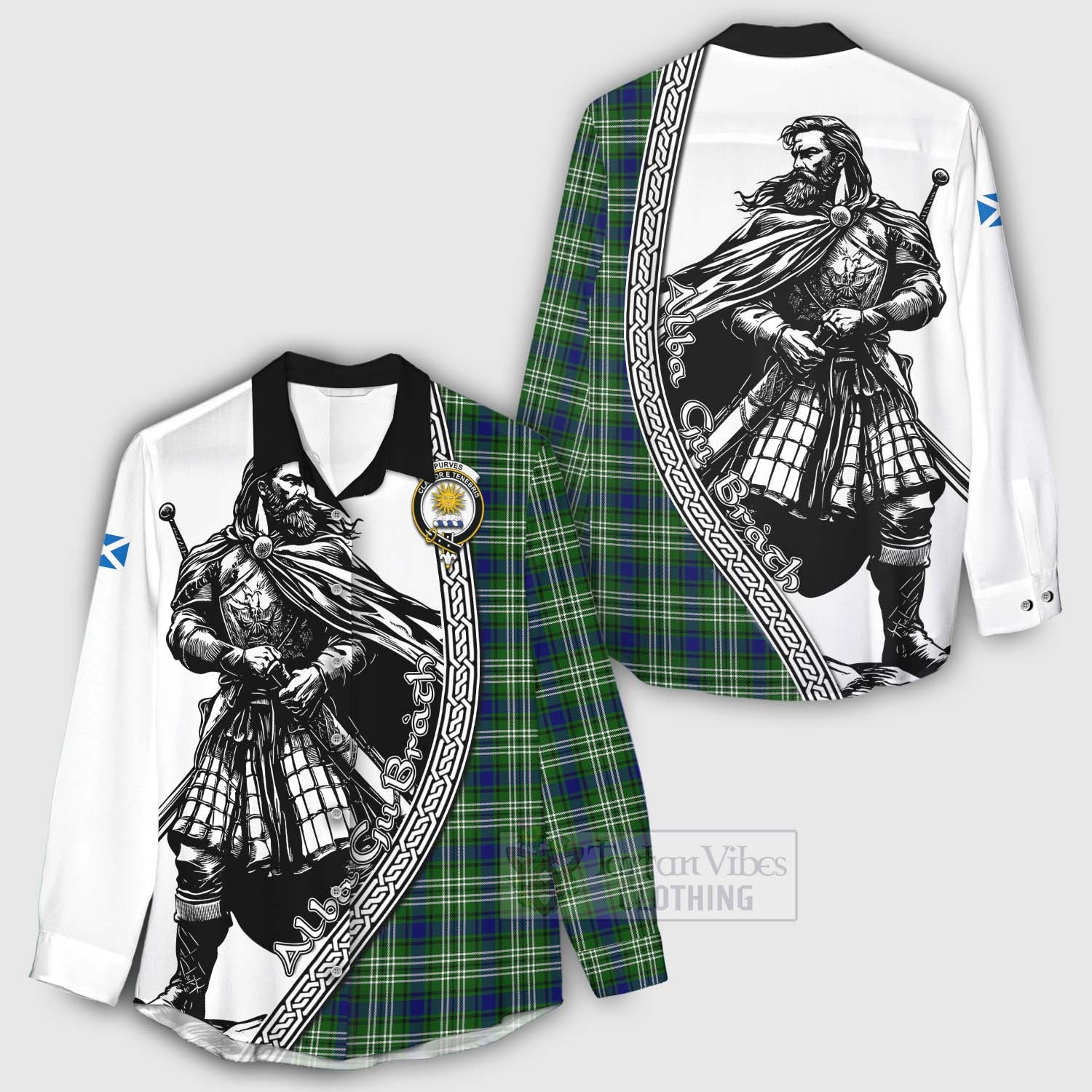 Purves Tartan Clan Crest Women's Casual Shirt with Highlander Warrior Celtic Style - Tartan Vibes Clothing