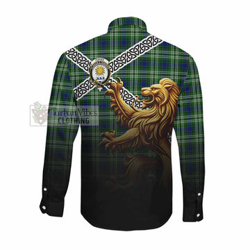 Purves Crest Tartan Long Sleeve Button Shirt with Golden Lion Emblem Celtic Style Men's Shirt - Tartan Vibes Clothing