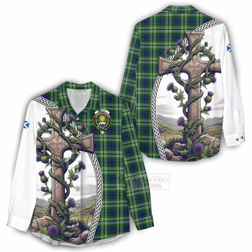 Purves Tartan Women's Casual Shirt with Family Crest and St. Andrew's Cross Accented by Thistle Vines - Tartan Vibes Clothing