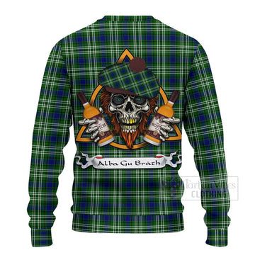 Purves Tartan Ugly Sweater with Family Crest and Bearded Skull Holding Bottles of Whiskey - Tartan Vibes Clothing